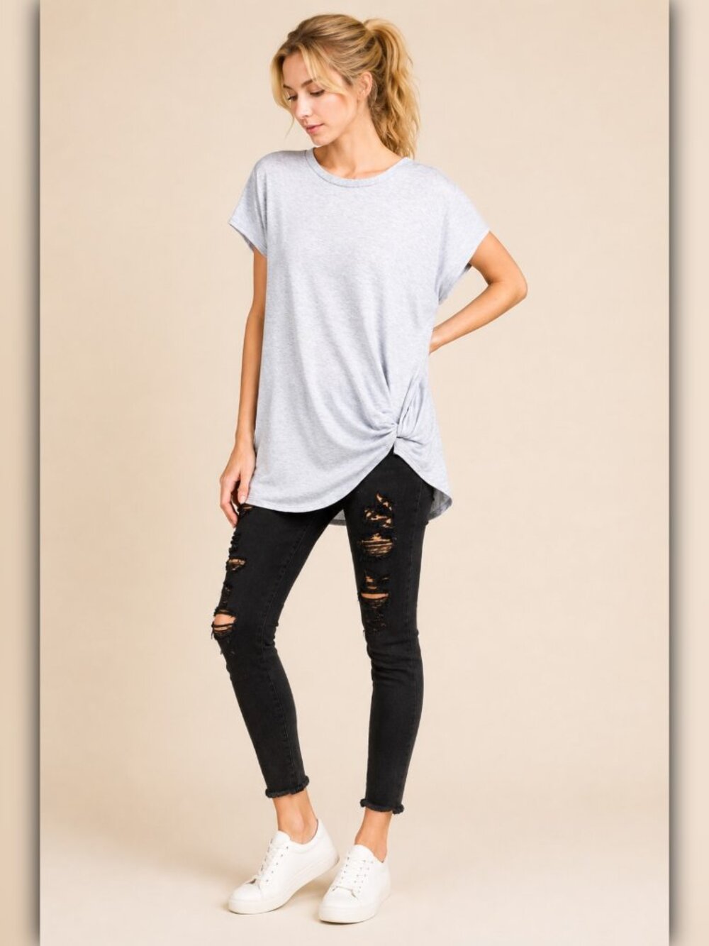 A108-B • Heather Blue Twisted Hem French Terry Tunic Top